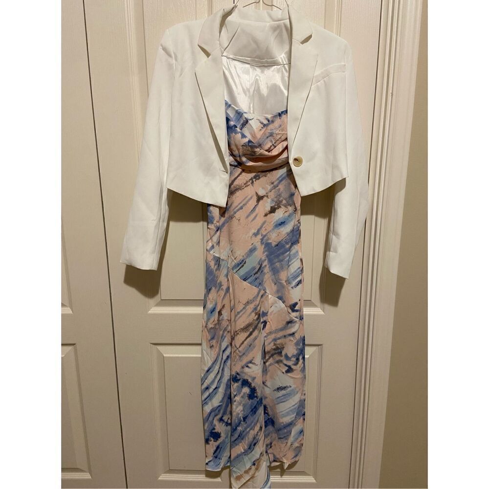 Tie Dye Print Maxi Dresses for Women Pleated Bust Front Split with crop blazer